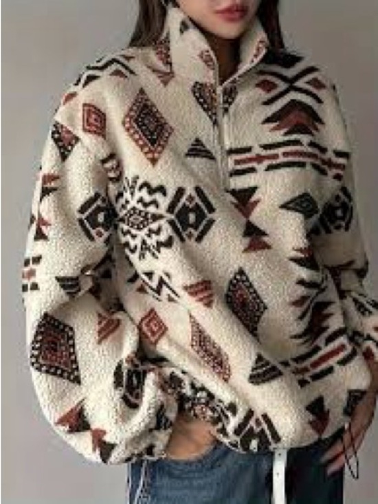 Aztec Sweaters - Cozy Aztec Print Sherpa Pullover - Cream & Brown